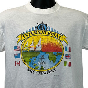 Vintage 80s International Sail Newport T Shirt Sailing Yacht White Tee M Medium